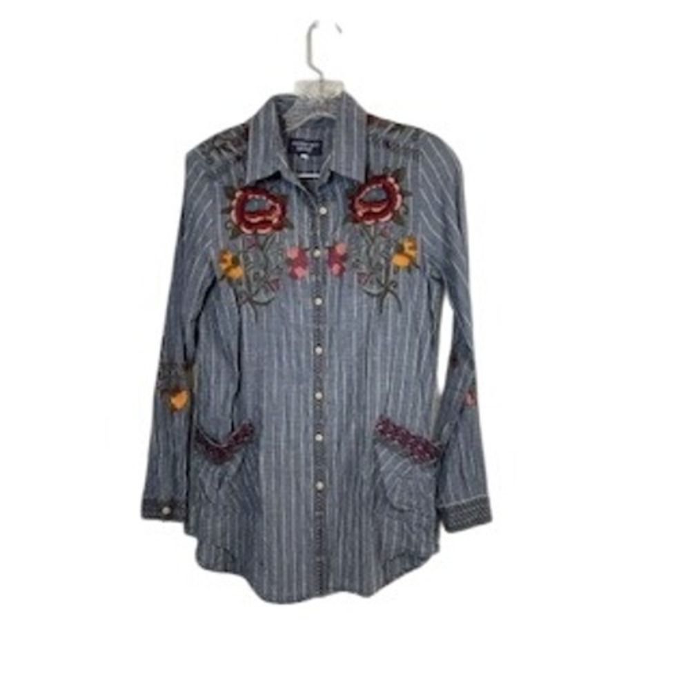 Johnny Was Workshop Embroidered Striped‎ Button Down Shirt Boho Blouse Sz XS